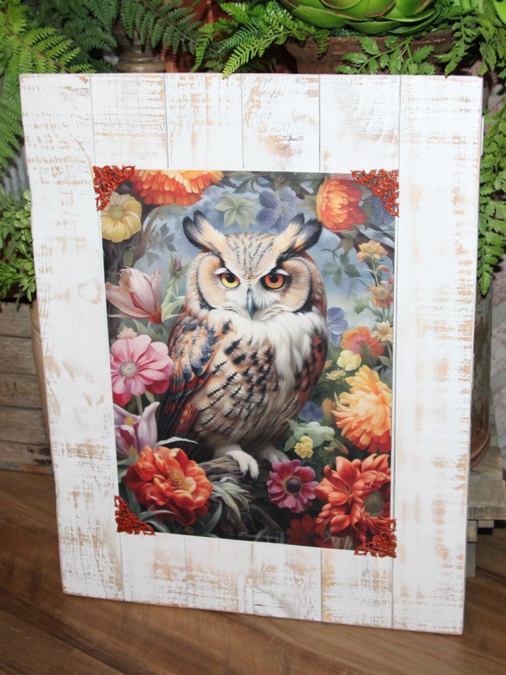 NEW Large Colorful Eclectic BOHO Farmhouse Owl & Floral Wall Decor Picture Art
